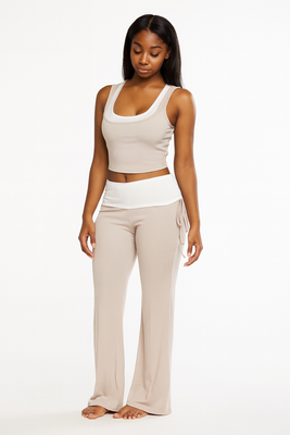 MB FASHION Two-Piece Contrast Trim Crop Tank Top and Flared Pants Set 3639LY