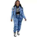 MB FASHION Denim Cargo Set – Cropped Zip Jacket and Pocket Joggers 8158