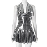 MB FASHION Metallic Halter Cowl Neck Mini Dress 675