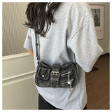EVERY FASHION Distressed Denim Multi-Pocket Shoulder Bag with Hardware Details