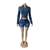 MB FASHION Long Sleeve Zip-Up Denim Jacket & High-Waisted Shorts Set 88616