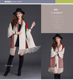 Every Fashion Elegant Fringe Trim Poncho Wrap with Classic Stripe Accent