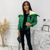 MB FASHION Letter Patch Cropped Puffer Jacket with Fleece Collar 392