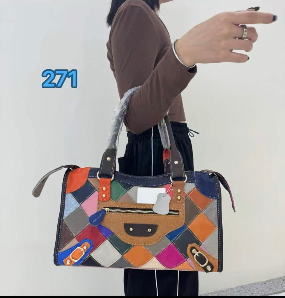 EVERY FASHION Multi-Color Leather Patchwork Satchel Bag