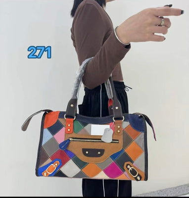 EVERY FASHION Multi-Color Leather Patchwork Satchel Bag