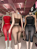 MB FASHION Sheer Mesh Strapless Bandeau Crop Top & Matching Capri Pants Two-Piece Set 1495