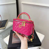 Every Fashion Quilted Patent Box Handbag with Top Handle and Chain Strap