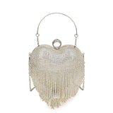 Every Fashion Heart-Shaped Rhinestone Evening Bag with Fringe Chain Detail