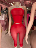 MB FASHION Sheer Mesh Strapless Bandeau Crop Top & Matching Capri Pants Two-Piece Set 1495
