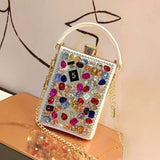Every Fashion Gemstone Embellished Box Clutch with Top Handle and Chain Strap