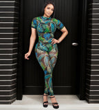 MB FASHION Sheer Printed Short Sleeve Mesh Jumpsuit 9707