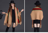 Every Fashion Elegant Fringe Trim Poncho Wrap with Classic Stripe Accent