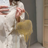 Every Fashion Heart-Shaped Rhinestone Evening Bag with Fringe Chain Detail