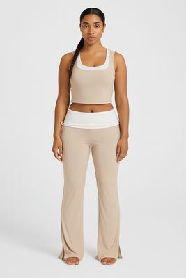 MB FASHION Two-Piece Contrast Trim Crop Tank Top and Flared Pants Set 3639LY