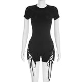 MB FASHION Short Sleeve Lace-Up Side Romper – Crew Neck Ribbed Short Jumpsuit 027