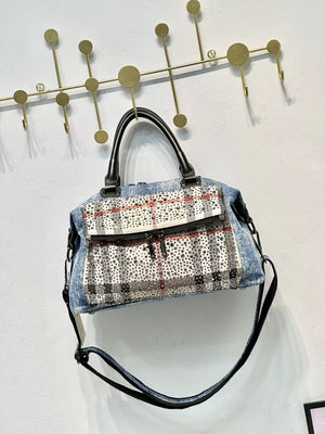 Every Fashion Denim Embellished Top-Handle Satchel with Plaid Front Pocket