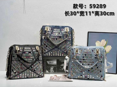 EVERY FASHION Geometric Rhinestone Tote with Dual Handles