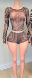 MB FASHION Long Sleeve Mesh Crop Top & Shorts Set 2665