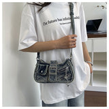 EVERY FASHION Distressed Denim Multi-Pocket Shoulder Bag with Hardware Details