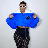 MB FASHION Letter Patch Cropped Puffer Jacket with Fleece Collar 392