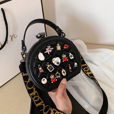 EVERY FASHION Round Quilted Crossbody Bag with Charm Embellishments