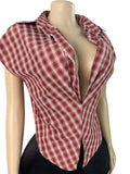 MB FASHION Short Sleeve Collared Plaid Button-Up Top 6017