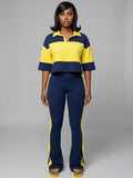 MB FASHION Two-Piece Colorblock Polo Crop and Flare Set 6036