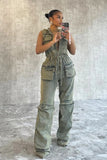 MB FASHION Hooded Denim Jumpsuit with Utility Pockets and Drawstring Waist 8582LY