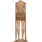 MB FASHION Draped Mesh Mini Dress with Cape Sleeves 1160