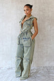 MB FASHION Hooded Denim Jumpsuit with Utility Pockets and Drawstring Waist 8582LY