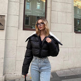 MB FASHION Letter Patch Cropped Puffer Jacket with Fleece Collar 392