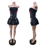 MB FASHION Denim Tube Top & Pleated Mini Skirt Set with Patches 88656