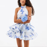 MB FASHION Blue Floral Halter Mini Dress – Layered Ruffle A-Line Elegance 1176LY