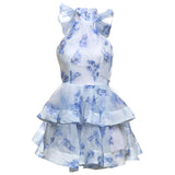 MB FASHION Blue Floral Halter Mini Dress – Layered Ruffle A-Line Elegance 1176LY