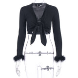 MB FASHION Black Knotted Front Crop Top with Long Sleeves and Fluffy Cuffs 1440LY