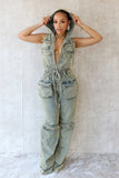 MB FASHION Hooded Denim Jumpsuit with Utility Pockets and Drawstring Waist 8582LY