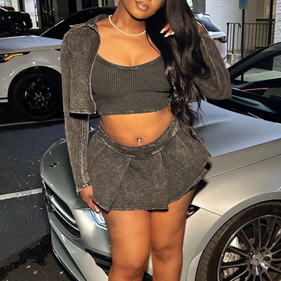 MB FASHION PRINTED Cropped Jacket Bra Mini Skirt Set 1076LY