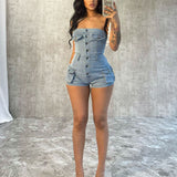 MB FASHION Strapless Button-Up Denim Romper with Pockets 8554LY