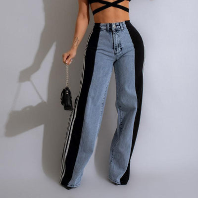 MB FASHION High-Waisted Wide-Leg Jeans with Contrast Panels & Stripes 0668LY