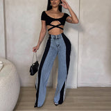 MB FASHION High-Waisted Wide-Leg Jeans with Contrast Panels & Stripes 0668LY