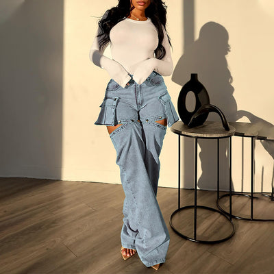 MB FASHION High-Waisted Detachable Cargo Overlay Jeans 8007LY