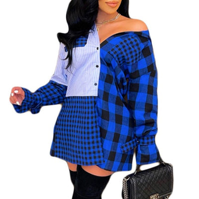 MB FASHION Patchwork Checkered & Striped Asymmetrical Button-Down Shirt 178R