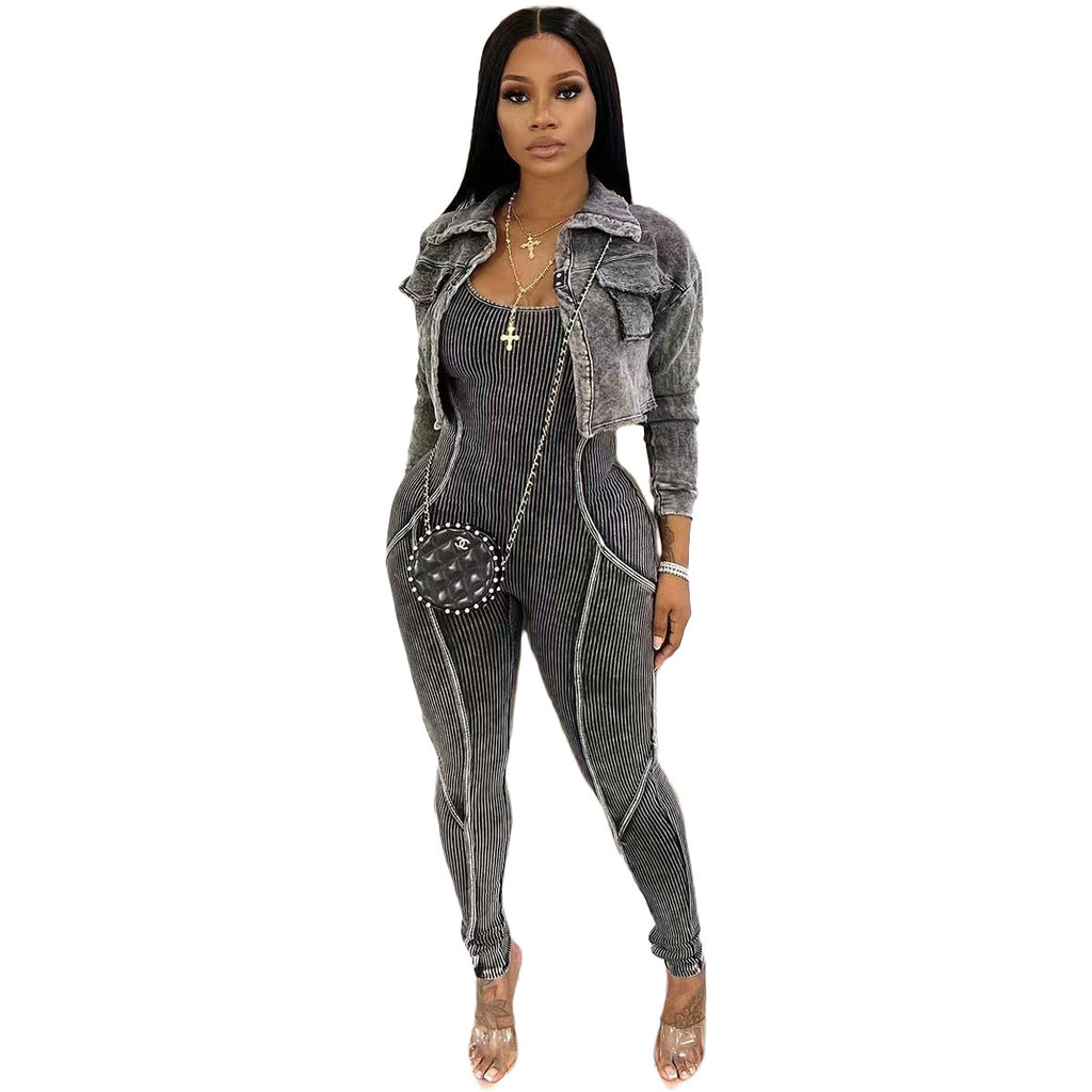 MB FASHION Two-Piece Fitted Jumpsuit and Cropped VINTAGE WASH Jacket Set 6329