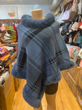 Every Fashion Plaid Faux Fur Trim Poncho with Elegant Drape