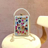 Every Fashion Gemstone Embellished Box Clutch with Top Handle and Chain Strap