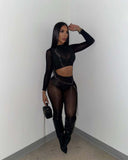MB FASHION Sheer Mesh Mock-Neck Crop Top & High-Waist Tights Set 1477