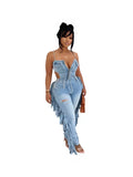 MB FASHION Denim Fringe Jumpsuit – Corset Cutout Spaghetti Strap Distressed 8206