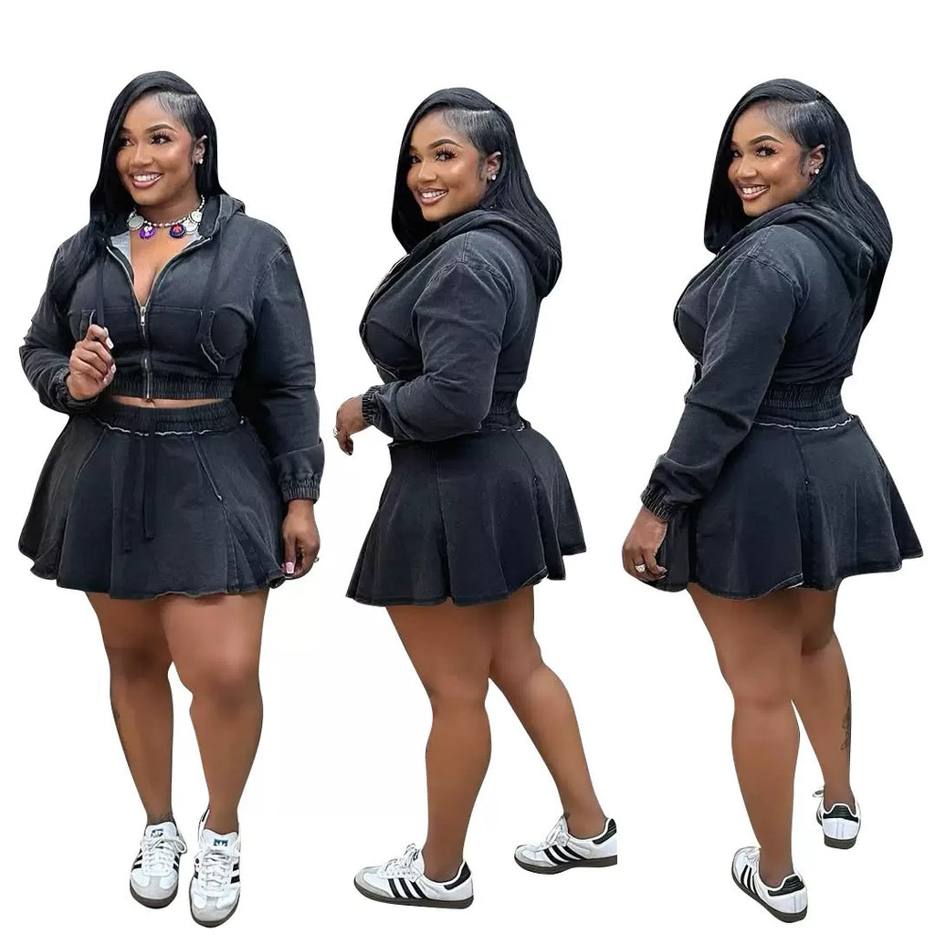 MB FASHION Two-Piece Denim Hoodie and Skirt Set 1325