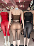 MB FASHION Sheer Mesh Strapless Bandeau Crop Top & Matching Capri Pants Two-Piece Set 1495