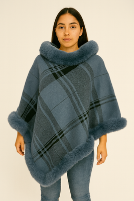 Every Fashion Plaid Faux Fur Trim Poncho with Elegant Drape